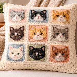 9 Cat Breeds Granny Square Crochet Pillow Pattern – Animal Cushion DIY Decor (PDF Download)