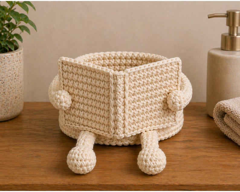 May include: A cream-colored, crocheted basket shaped like a book, with arms and legs. The basket is open at the top and has a book-like appearance, with the pages open. The arms and legs are also crocheted and add a whimsical touch to the design.