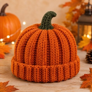 May include: A bright orange crocheted beanie hat designed to resemble a pumpkin. The hat features a ribbed texture throughout the body and a dark green crocheted stem attached to the top center, mimicking the appearance of a real pumpkin.