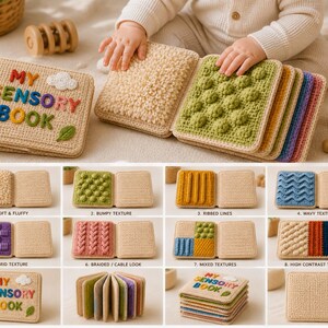 May include: A handmade sensory book for babies with various textured pages. The cover reads "MY SENSORY BOOK" in colorful letters. The book features different textures like soft, bumpy, ribbed, and wavy, designed for tactile exploration and early learning.