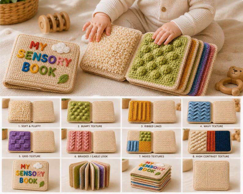 May include: A handmade sensory book for babies with various textured pages. The cover reads "MY SENSORY BOOK" in colorful letters. The book features different textures like soft, bumpy, ribbed, and wavy, designed for tactile exploration and early learning.