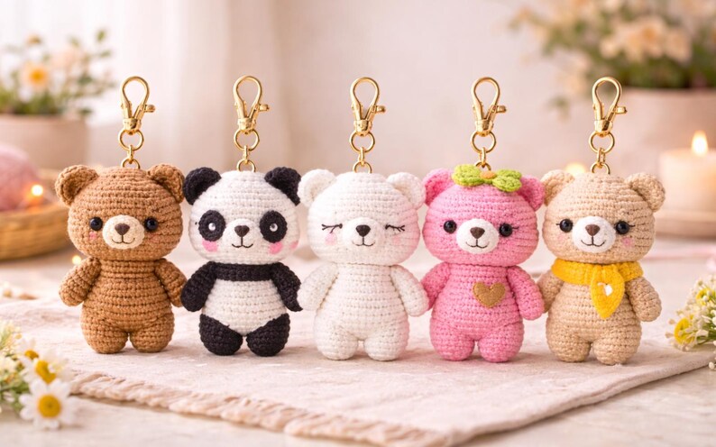 May include: Five crochet bear keychains in various colors: brown, panda, white, pink, and tan. Each bear has a gold-colored clasp. The pink bear has a green bow and a heart. The tan bear has a yellow scarf.