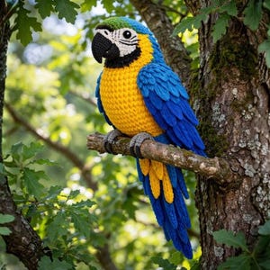 May include: A handcrafted, crocheted parrot in bright blue, yellow, black, and white, perched on a tree branch. The bird's wings and tail feathers are a deep blue, contrasting with its yellow body. The parrot is a decorative item.