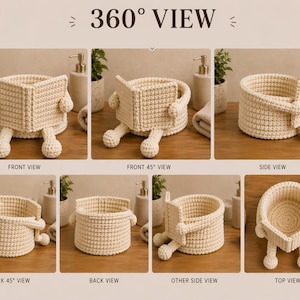 May include: A collection of cream-colored crochet baskets, each with arms, legs, and a book-like design. The text "360&deg; VIEW" is at the top. The baskets are shown from various angles, including front, side, and top views. The baskets are displayed on a wooden surface.