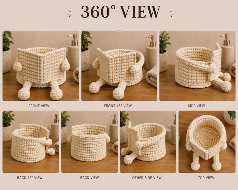 May include: A collection of cream-colored crochet baskets, each with arms, legs, and a book-like design. The text "360&deg; VIEW" is at the top. The baskets are shown from various angles, including front, side, and top views. The baskets are displayed on a wooden surface.