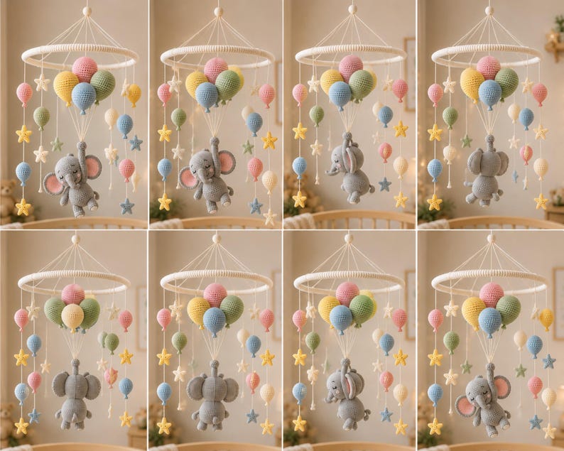 May include: A handmade baby mobile featuring a crochet elephant suspended below a ring with colorful balloons and star accents. The mobile is crafted with soft yarn in pastel colors, creating a whimsical nursery decoration.