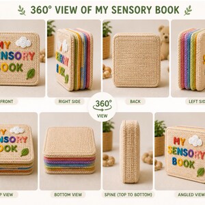 May include: A beige crocheted sensory book with colorful rainbow edges. The front cover features the text "MY SENSORY BOOK" in colorful letters, a white cloud, and a green leaf. The book is shown from multiple angles.