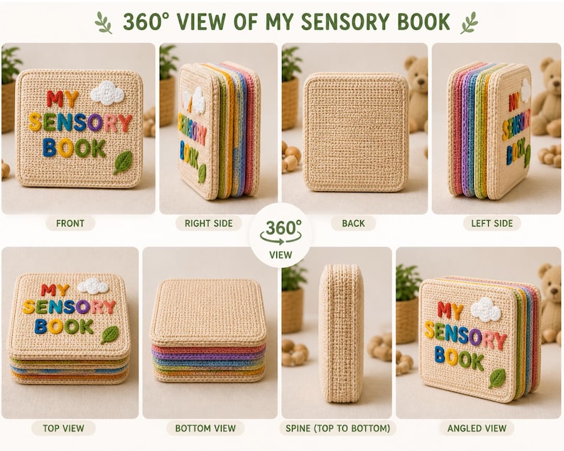 May include: A beige crocheted sensory book with colorful rainbow edges. The front cover features the text "MY SENSORY BOOK" in colorful letters, a white cloud, and a green leaf. The book is shown from multiple angles.