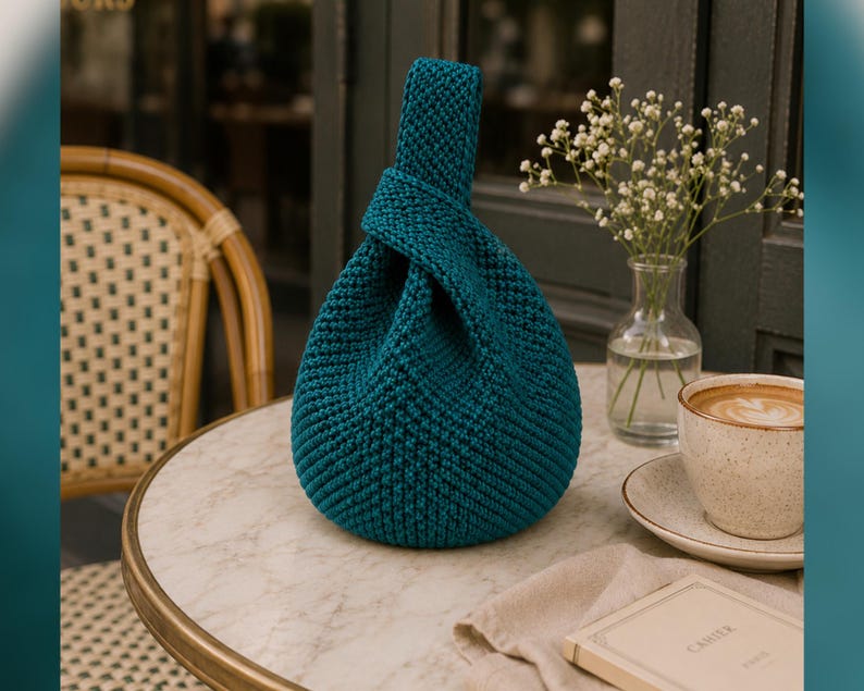 May include: A teal-colored, hand-knitted bag with a knotted handle sits on a marble-topped table. The bag is next to a cup of coffee, a small vase of white flowers, and a book. The bag's texture is visible, and the overall aesthetic is cozy.