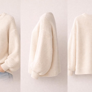 May include: Cream-colored knit sweater with a round neckline and long sleeves. The sweater has a textured, woven pattern and ribbed cuffs and hem. The sweater is displayed from multiple angles.
