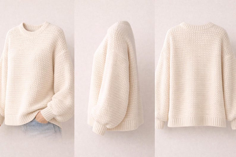 May include: Cream-colored knit sweater with a round neckline and long sleeves. The sweater has a textured, woven pattern and ribbed cuffs and hem. The sweater is displayed from multiple angles.