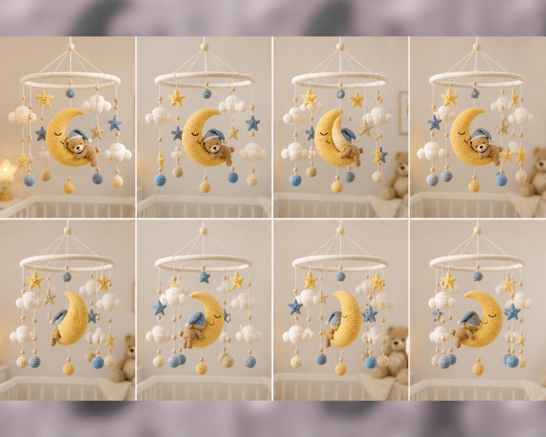 May include: A handcrafted baby mobile with a yellow crescent moon holding a sleeping teddy bear, white clouds, blue and yellow stars, and hanging blue and yellow spheres. The mobile is suspended from a white circular frame.