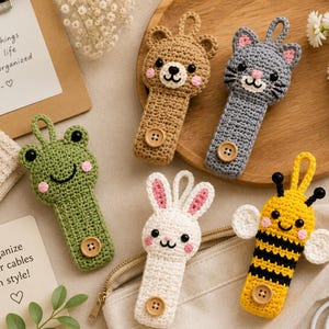 May include: Five crochet cable organizers shaped like animals including a brown bear, a gray cat, a green frog, a white rabbit, and a yellow and black bee. Each organizer features a small loop at the top, a smiling face, and a wooden button closure.