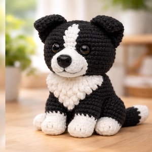 Könnte beinhalten: Ein handgehäkelter Hund in Schwarz und Weiß, der einem Border Collie ähnelt. Das Plüschtier hat eine weiße Brust, Pfoten und Gesichtsmarkierungen sowie schwarze Ohren und einen schwarzen Körper. Der Hund sitzt auf einer Holzoberfläche.