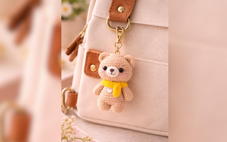 May include: A crocheted teddy bear keychain with a yellow scarf. The bear is light brown with black eyes and pink cheeks. It hangs from a gold-colored clasp attached to a cream-colored backpack.