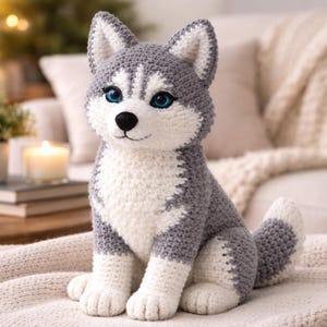 May include: A crocheted husky dog with gray and white yarn. The dog has blue eyes and a black nose. It is sitting on a cream-colored blanket. The background includes a couch, a table, and a lit candle.