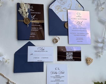 Conjunto de invitaciones de boda en acrílico con efecto espejo color oro rosa: Moderno y elegante