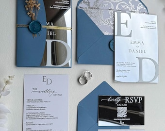Invitación de boda en acrílico plateado espejado: Conjunto de invitaciones modernas