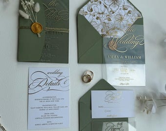Juego de invitaciones de boda en acrílico transparente: diseño moderno y elegante.