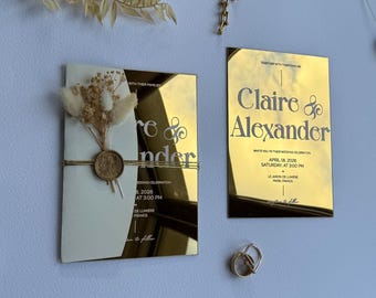 Invitación de boda en acrílico dorado espejo: Elegante conjunto con sello de cera