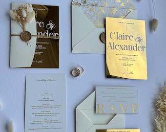 Gold Mirror Acrylic Wedding Invitation Suite: Elegant Monogram Design