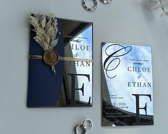 Invitación de boda de acrílico con espejo: moderna invitación de acrílico plateado con sello de cera