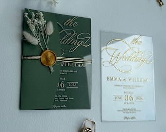 Clear Acrylic Wedding Invitation: Gold Foil Script, Elegant Modern Wedding Card