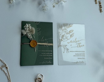 Transparent Acrylic Wedding Invitation: Elegant Gold Floral Print, Modern Minimal, With Envelope