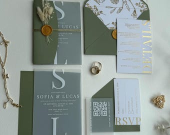 Juego de invitaciones de boda en acrílico esmerilado: verde salvia, estilo moderno y elegante.
