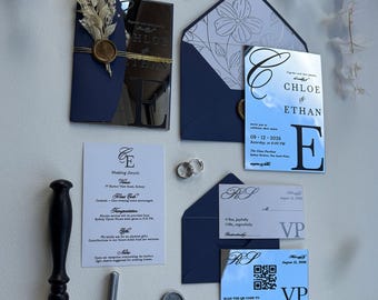 Invitación acrílica con espejo plateado: Suite de invitaciones de boda de lujo
