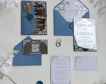 Conjunto de invitaciones de boda en acrílico plateado espejado: Conjuntos de boda de lujo modernos
