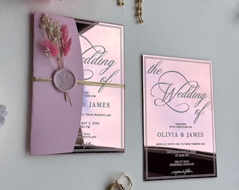 Invitación de boda acrílica con espejo dorado rosa: elegante invitación de boda con sobre rosa