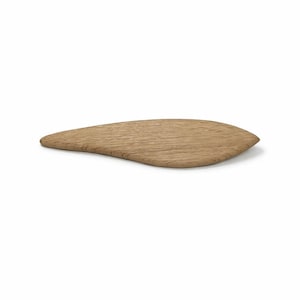 May include: A wooden, leaf-shaped serving board. The board is made of light brown wood and has a smooth, curved design. It is ideal for serving appetizers or small dishes. The board is approximately 12 inches long.