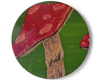 Red Mushroom Illustration Ceramic Coaster | Fungi Nature Art Coaster