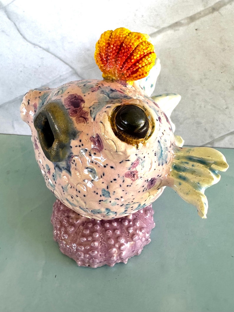 Pixie Sunrise Urchin Maui Puffer Original Ceramic Sculpture that makes you smile one of a kind image 3