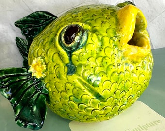 Meadow Happy Daisy Daddy Maui Puffer Fish Original Ceramic Sculpture that makes you smile - one of a kind