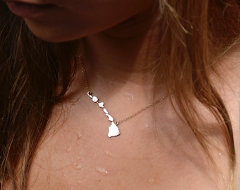 Hawaiian Islands Dainty Necklace - State of Hawaii Necklace in Sterling Silver & 14K gf - Gift Packaged