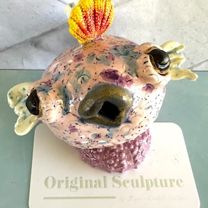 Pixie Sunrise Urchin Maui Puffer Original Ceramic Sculpture that makes you smile one of a kind image 1