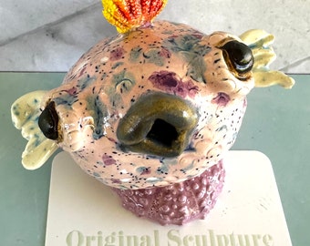 Pixie Sunrise Urchin Maui Puffer Original Ceramic Sculpture that makes you smile - one of a kind