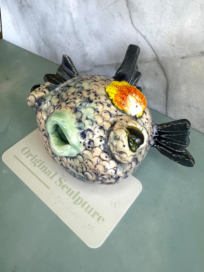 Northern Lights Sunrise Shell Maui Puffer Original Ceramic Sculpture that makes you smile one of a kind image 2