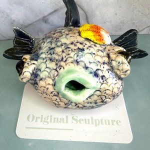 Northern Lights Sunrise Shell Maui Puffer Original Ceramic Sculpture that makes you smile one of a kind image 3