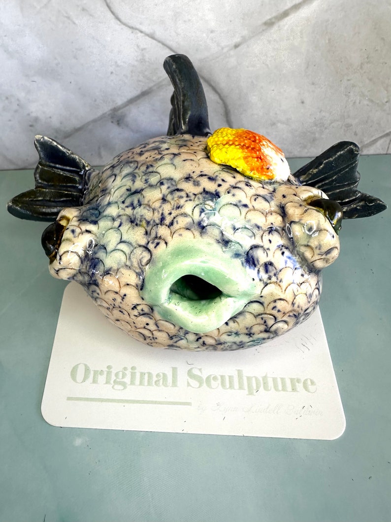 Northern Lights Sunrise Shell Maui Puffer Original Ceramic Sculpture that makes you smile one of a kind image 3