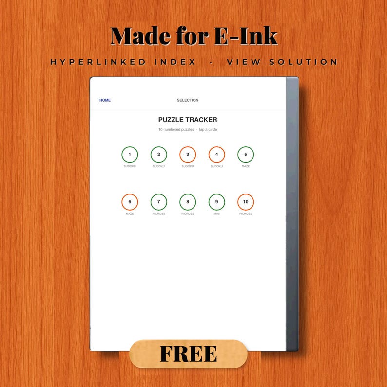 K&ouml;nnte beinhalten: Ein digitaler Tablet-Bildschirm mit einer Puzzle-Tracker-Oberfl&auml;che und dem Text Made for E-Ink, Hyperlinked Index, View Solution und Free. Der Bildschirm zeigt zehn nummerierte Kreise in Gr&uuml;n und Orange, beschriftet mit Puzzle-Typen.