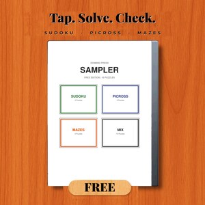 K&ouml;nnte beinhalten: Ein digitaler Tablet-Bildschirm, der die Zenmind Press Sampler Free Edition mit 10 R&auml;tseln anzeigt. Die Oberfl&auml;che enth&auml;lt vier rechteckige Felder mit der Beschriftung Sudoku, Picross, Mazes und Mix sowie den Text Tap. Solve. Check. und einen Free-Button.