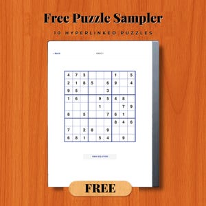 K&ouml;nnte beinhalten: Ein digitaler Tablet-Bildschirm mit einem Sudoku-R&auml;tsel, dem Text Free Puzzle Sampler und 10 HYPERLINKED PUZZLES oben. Der Bildschirm zeigt ein Gitter mit Zahlen, eine BACK-Taste, ein EASY 1-Label und eine VIEW SOLUTION-Taste unten.