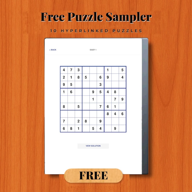 K&ouml;nnte beinhalten: Ein digitaler Tablet-Bildschirm mit einem Sudoku-R&auml;tsel, dem Text Free Puzzle Sampler und 10 HYPERLINKED PUZZLES oben. Der Bildschirm zeigt ein Gitter mit Zahlen, eine BACK-Taste, ein EASY 1-Label und eine VIEW SOLUTION-Taste unten.