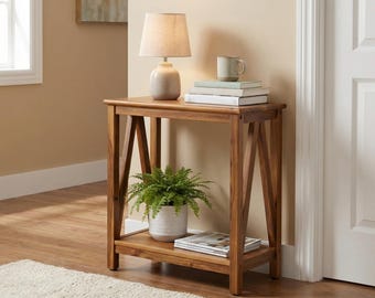 Mesa auxiliar estrecha de madera de acacia auténtica de 61 cm de alto: mesa de sofá estrecha y mesita de noche para espacios pequeños.