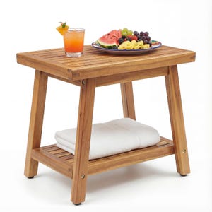 Acacia Wood Outdoor Side Table: 2-Tier Patio End Table, Teak Finish, Pool table