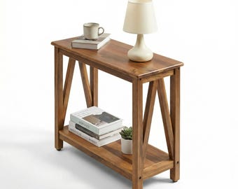 Mesa auxiliar de madera de acacia de 61 cm de alto: mesa de sofá estrecha y mesita de noche para espacios pequeños.