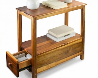 Mesa auxiliar estrecha de madera de acacia, mesita de noche delgada con cajón inferior, mesa auxiliar para dormitorio o sala de estar